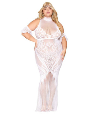Robe bodystocking, grande taille, en résille t dentelle blanche 
